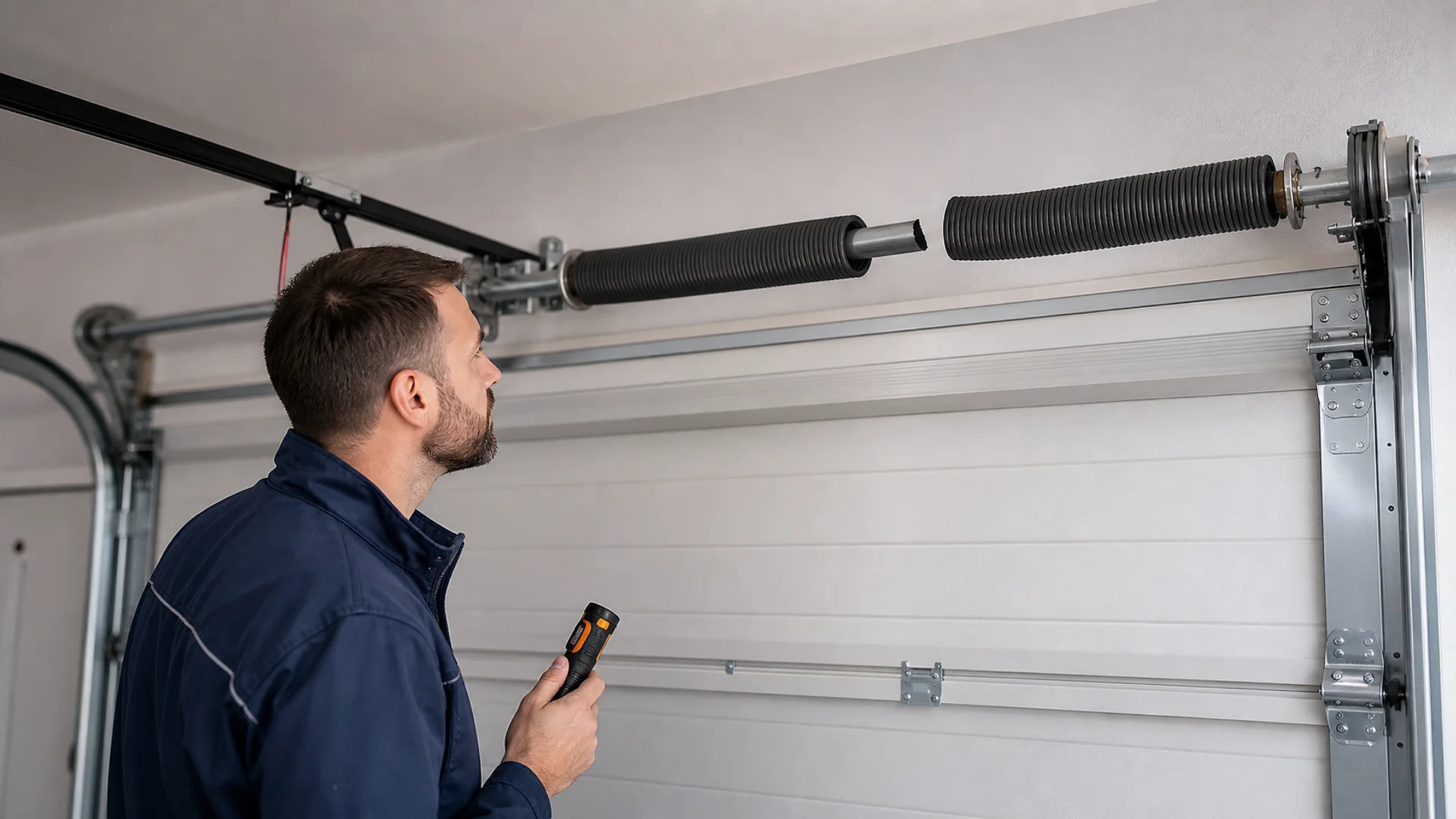 Sektionaltor in Garage mit geöffneter Führungsschiene, Antriebskopf und Wartungswerkzeug ohne Markenlogo